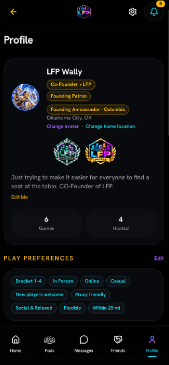 LFP player profile showing avatar, earned titles, badges, games played and play preferences